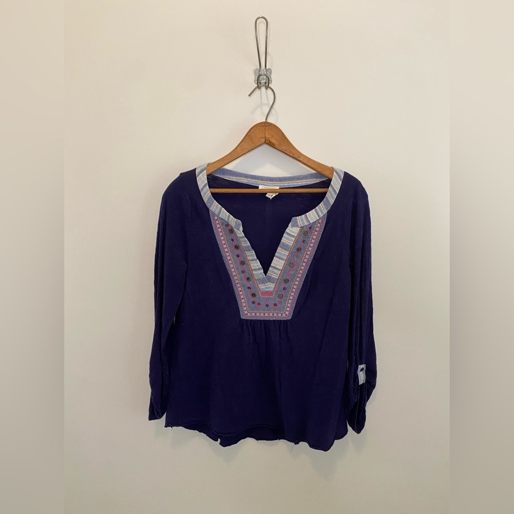 Meadow Rue Navy V-Neck Embroidered Shirt with Multicolor Trim